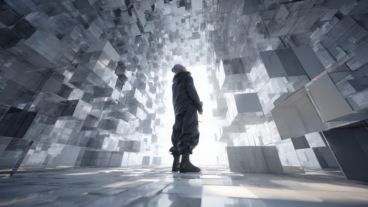 A man standing in an abstract futuristic architecture