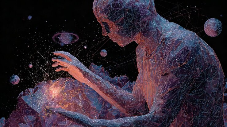 An Ethereal Being Contemplates Cosmic Wonder, Surrounded by Celestial Bodies, as It Connects with the Universe, Embodying the Intersection of Art and Technology Through Digital Sculpture Imagery