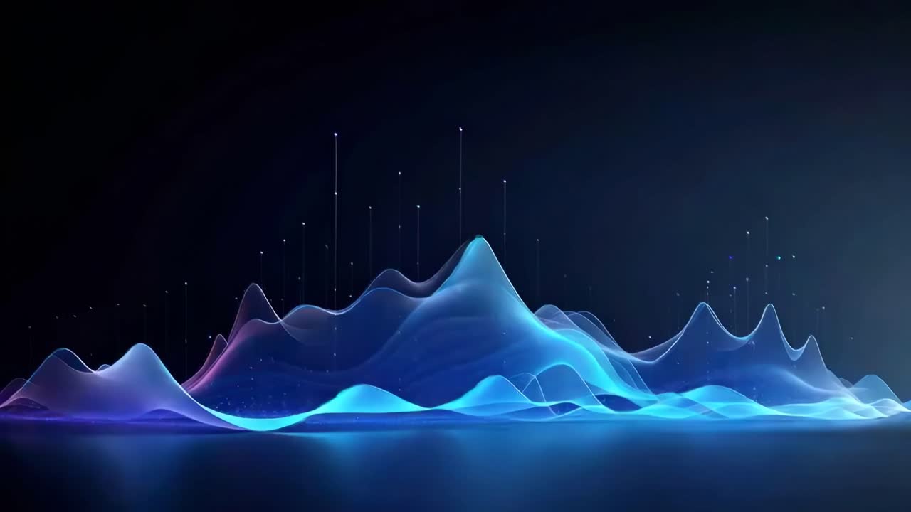 Abstract video concept with glowing blue waves and dots, viewed from a low angle