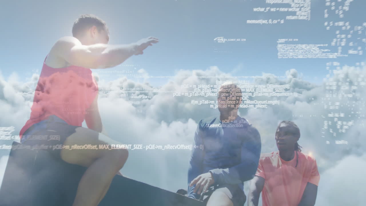 People sitting on mountain peak with coding animation overlaying scene