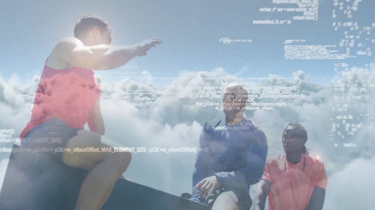People sitting on mountain peak with coding animation overlaying scene
