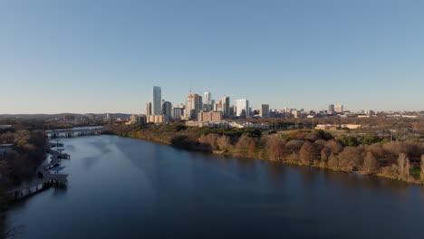 drone view of austin texas downtown area with lady bird lake river