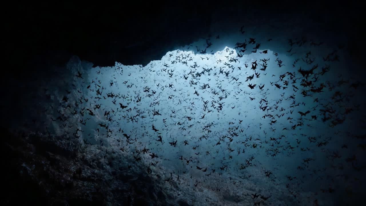 A mesmerizing view of a dark underwater cave illuminated by natural light filtering through, revealing a chaotic swarm of aquatic life swirling in an ethereal dance