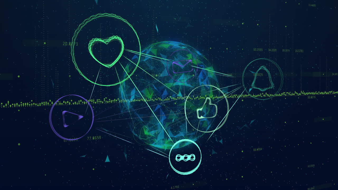 Low-polygon globe showing streaming data, floating social media icon nodes radiating neon lines
