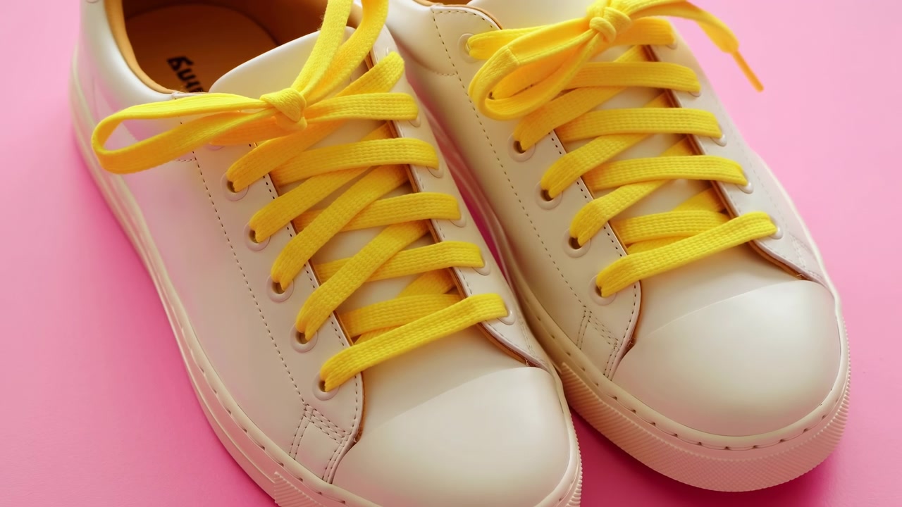 Sneakers bianche con lacci gialli su sfondo rosa, primo piano dall'alto che mostra la texture pulita della pelle
