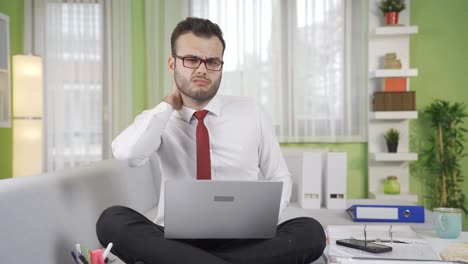 businessman tired and sad from neck pain.