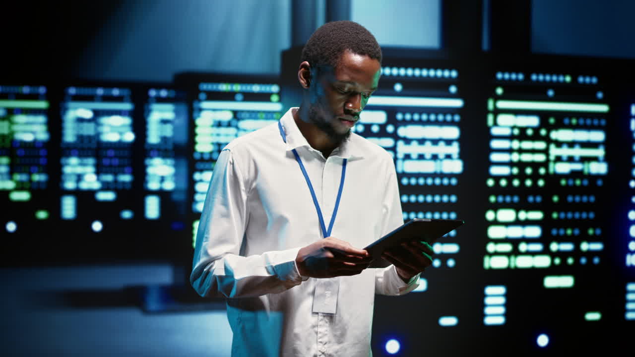 técnico caminando a través de las plataformas de servidores