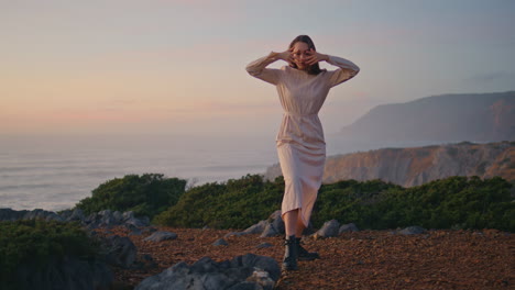 lady artist dancing improvisation sunrise ocean hill. woman modern choreography