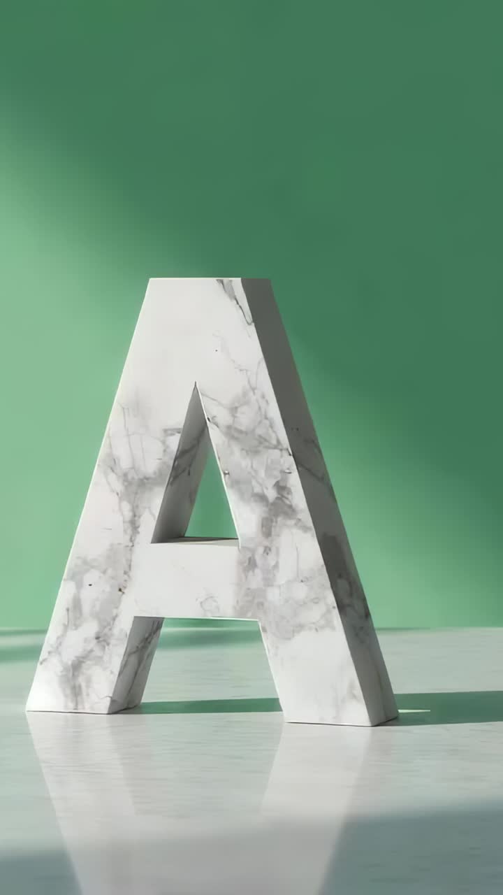 Vertical video: Diagonal beam sweeping green wall as sun lowers, bathing marble letter A in glow