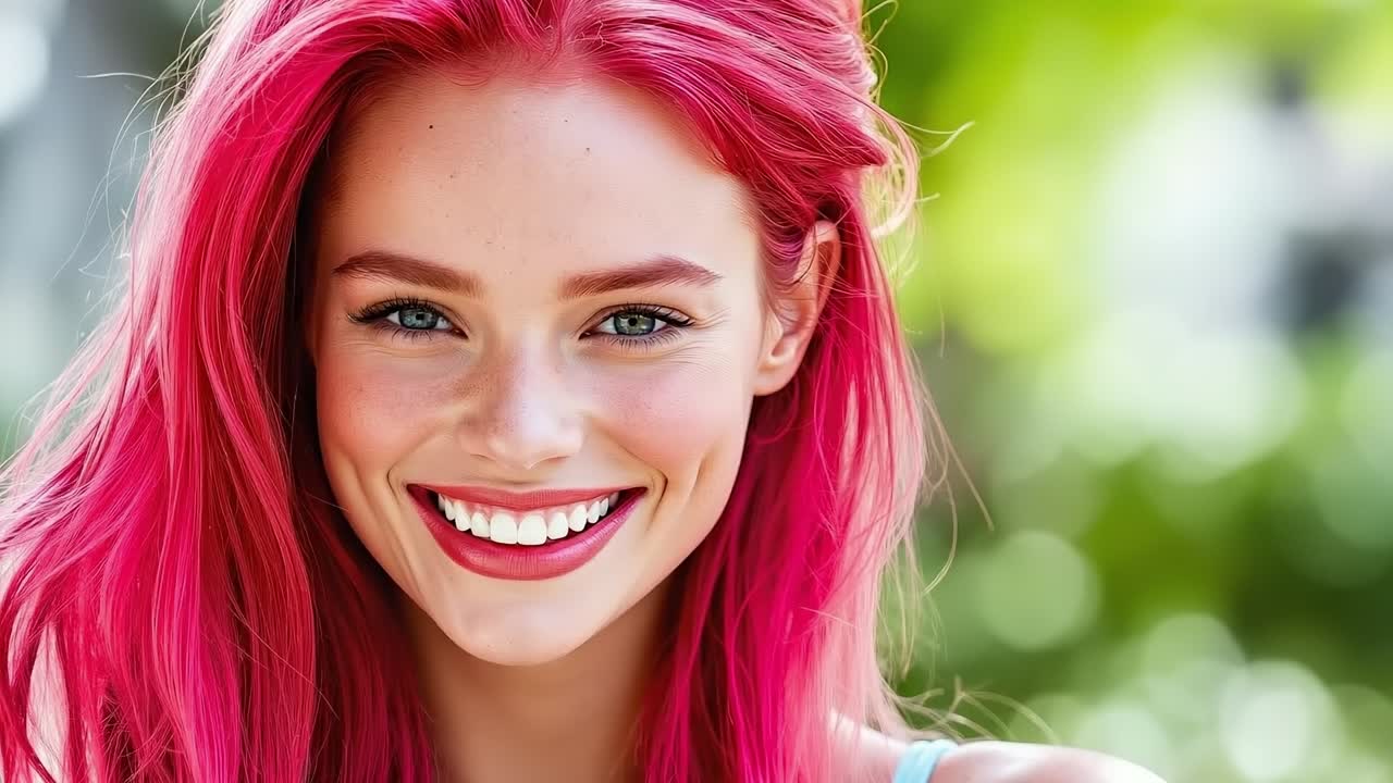 A woman with bright pink hair smiling at the camera
