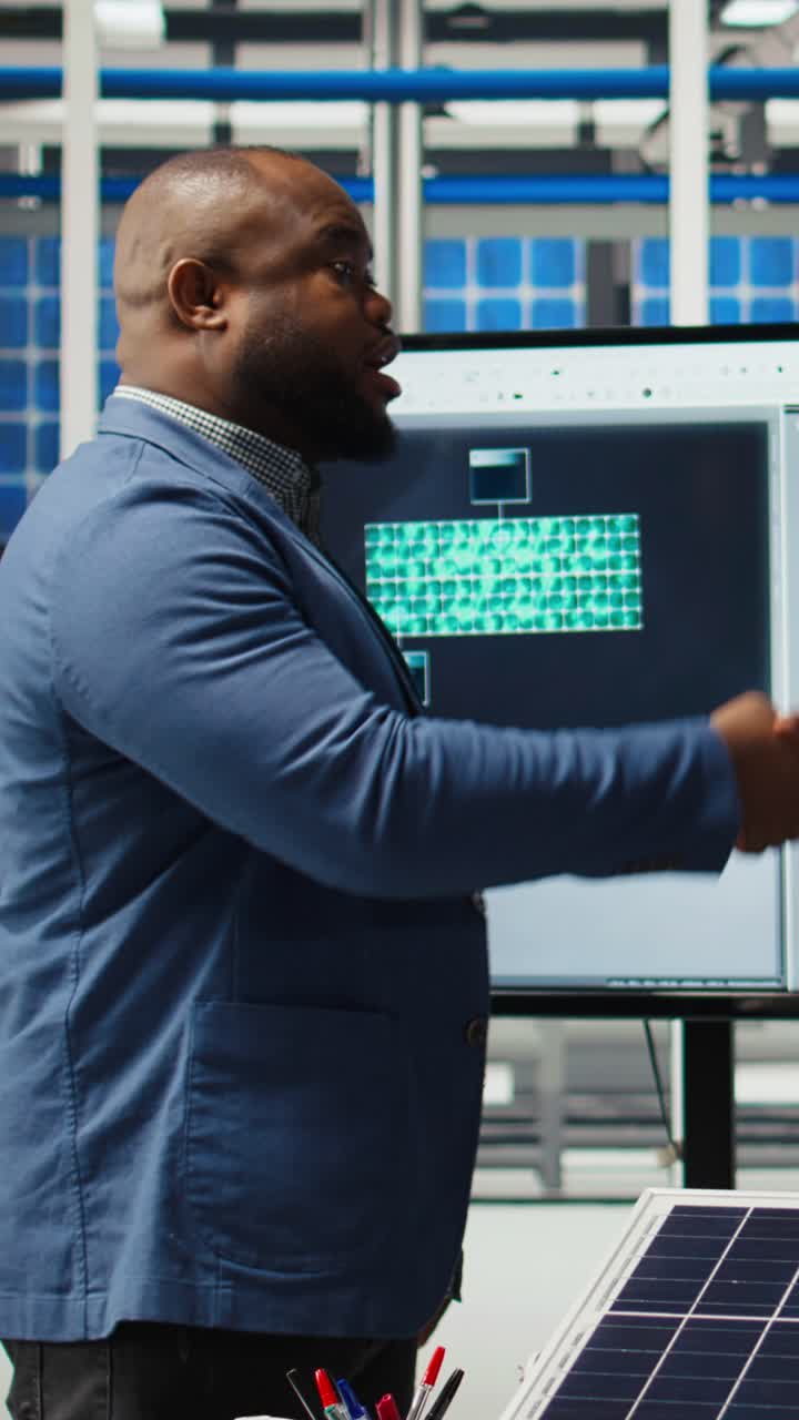 Vertical video Photovoltaics factory manager meeting with investor, talking