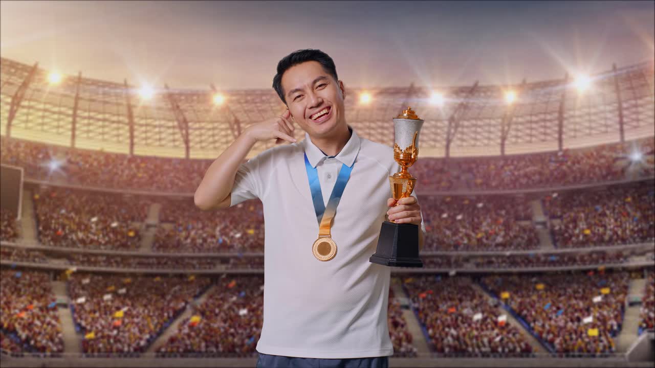 금메달과 트로피를 들고 있는 아시아인 남자가 스타디움에서 첫 우승자로 카메라에 미소를 지으며 'call me' 제스처를 보여주고 있다.
