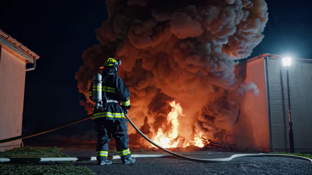 A dramatic low-angle shot of a firefighter facing a massive blaze at night, capturing intense