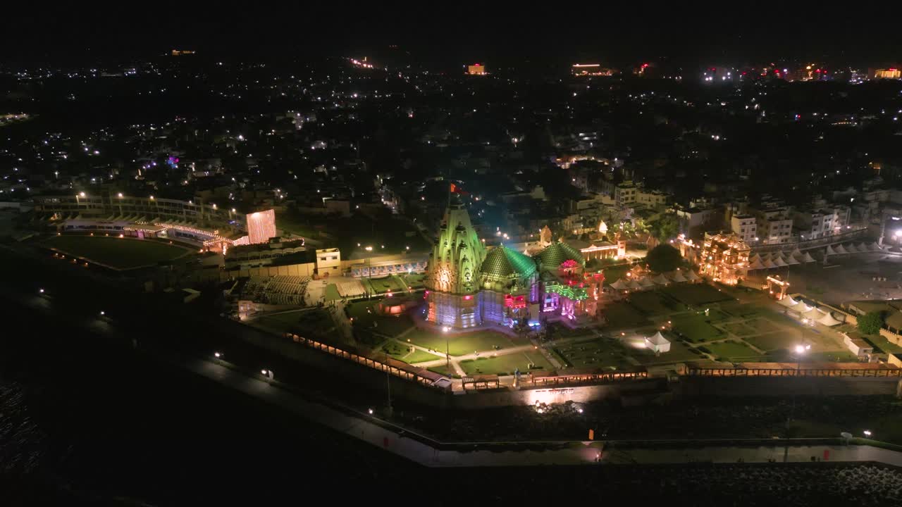 Aerial Night View of Illuminated Dwarka Temple, India