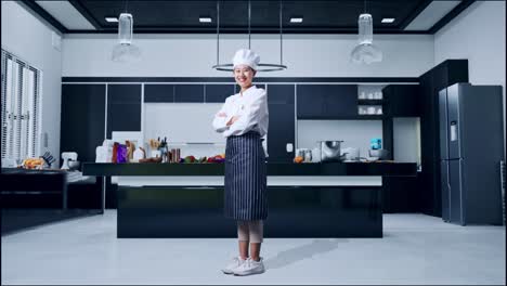 full body of side view asian woman chef smiling and crossing her arms to camera in home kitchen