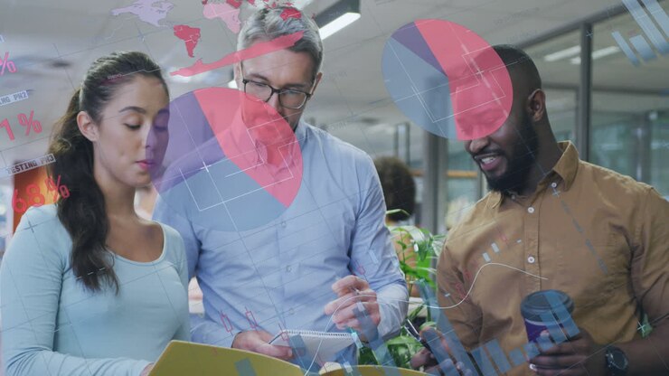 Animation of data processing over diverse business people in office