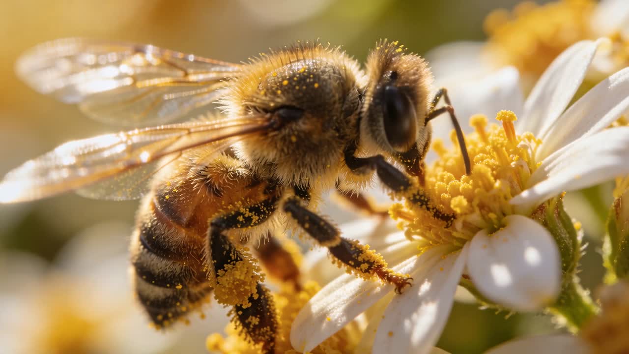 Vertikales Video: Nektar sammelnde Arbeitsbiene sondiert ein weißes Gänseblümchen auf einer Wiese und füllt Pollenhöschen.