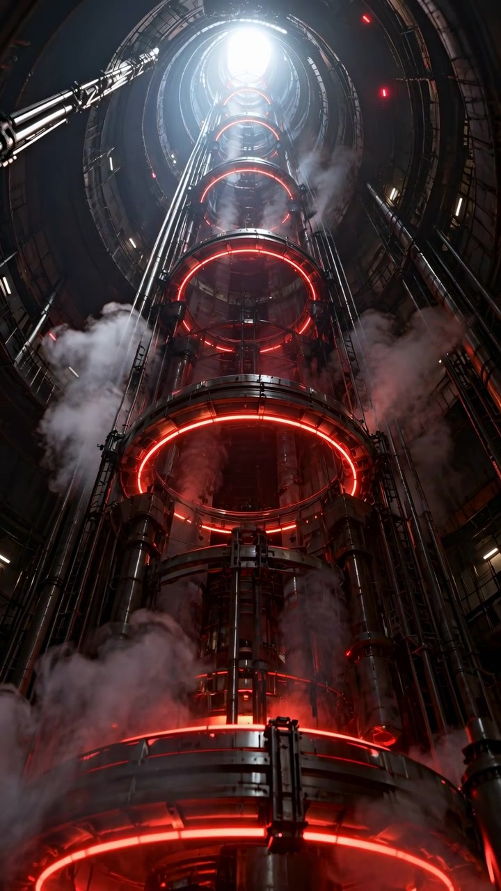 Perspective climbs past illuminated red rings, dark metallic walls, rails, and pipes while white steam shifts across chamber and intense overhead light expands near upper opening.