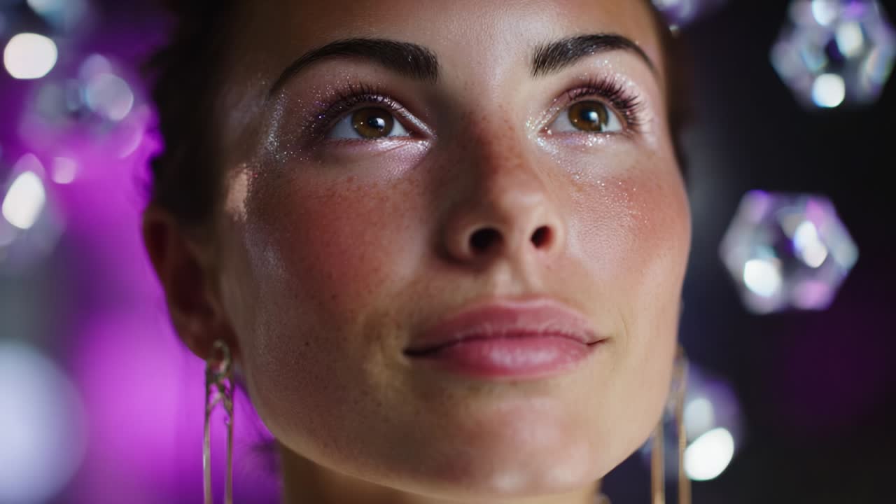 Close-up portrait of a woman with makeup and earrings