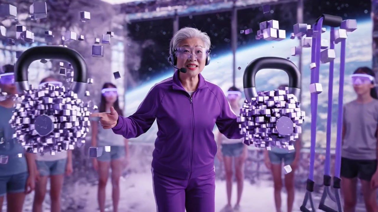 Elderly Fitness Icon Inspires Youth with Energetic Workout in Futuristic Space Setting, Showcasing Strength, Resilience, and Unity among Generations in Exercise.
