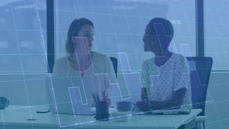 two women discussing at office with financial graph animation overlay
