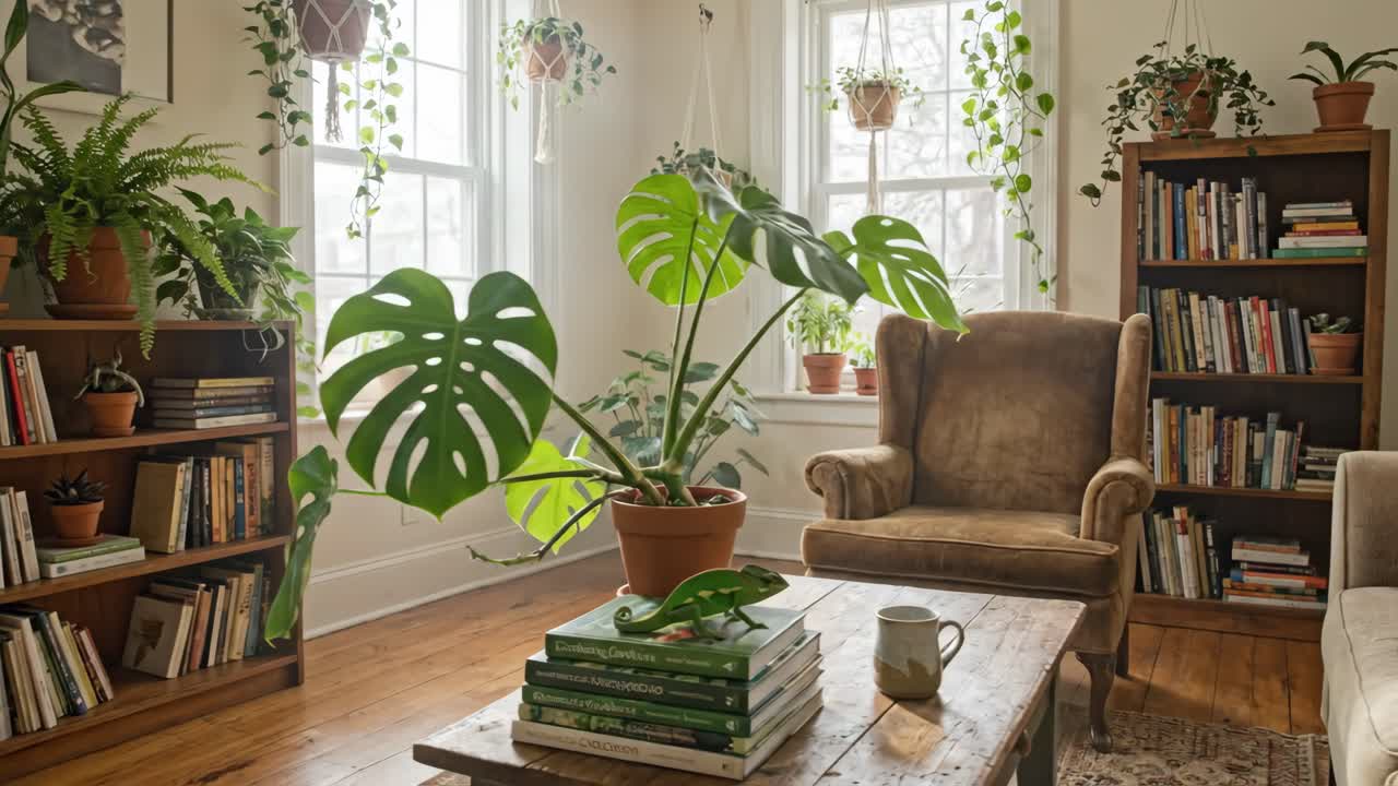 Salón luminoso y acogedor lleno de plantas verdes de interior