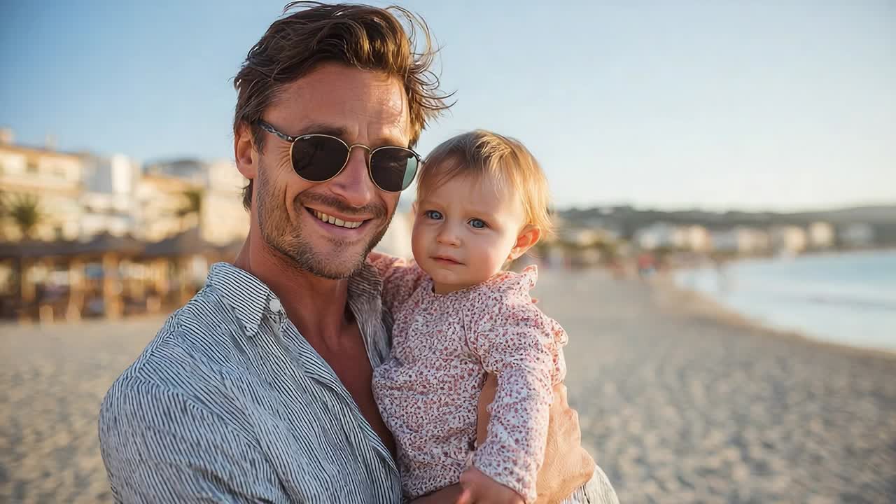 Padre che tiene in braccio la figlia sulla spiaggia al tramonto, vicino al mare