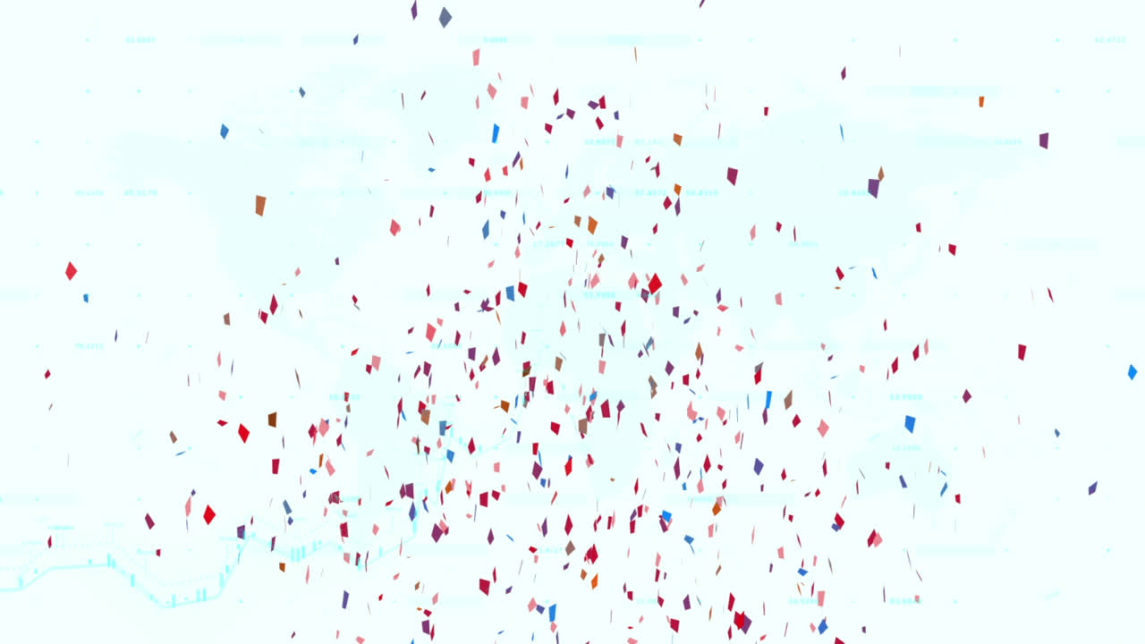 Animation of falling colorful confetti shapes over white background