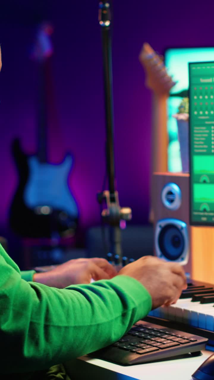 African American Musician Playing MIDI Keyboard in Home Studio