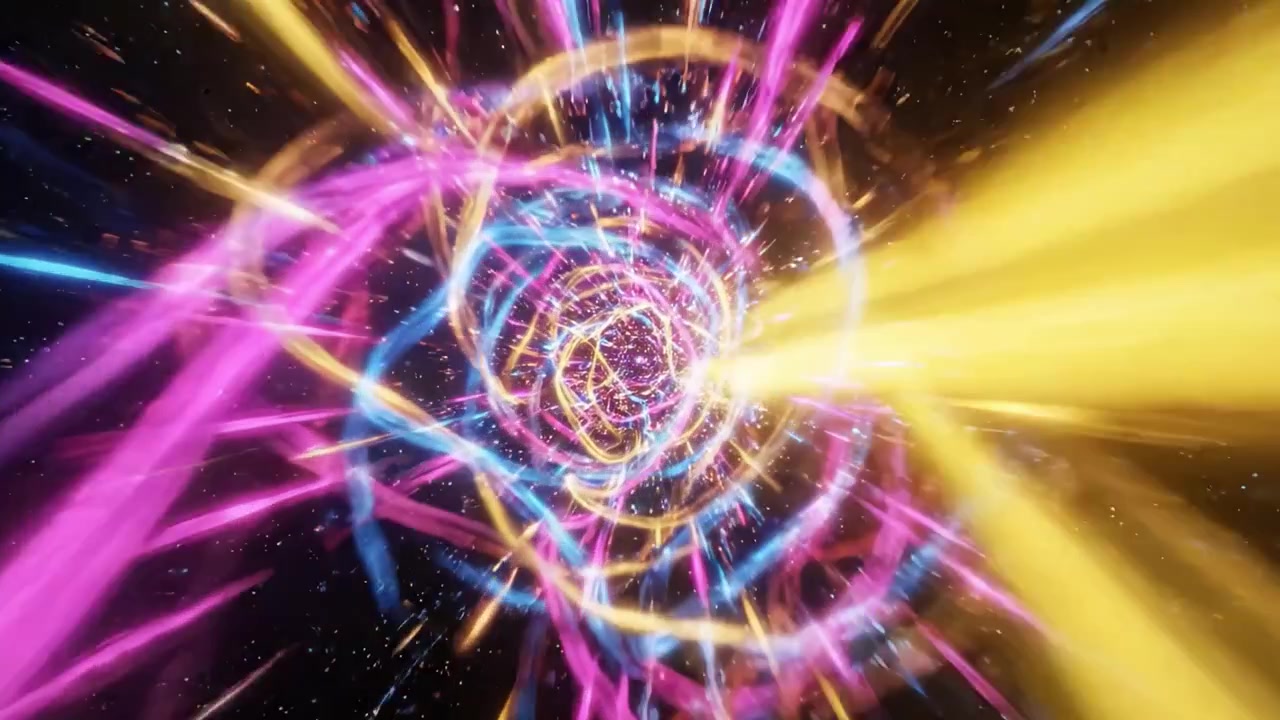 Un impresionante viaje visual a través de un colorido túnel cósmico, con vibrantes estelas de luz y patrones abstractos que evocan temas de espacio y viajes en el tiempo.
