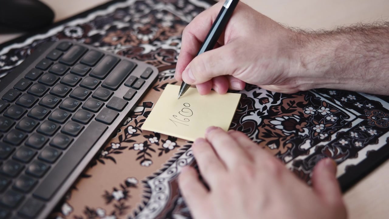 Nærbillede af hænder, der skriver på en post-it-note ved siden af et tastatur, pen der noterer hurtige tal, mønstret skrivebordsunderlag, praktisk. Medie.