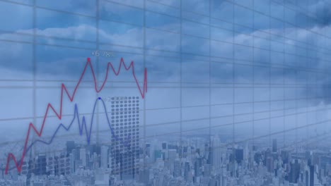 animación del procesamiento de datos estadísticos y financieros sobre el paisaje urbano sobre fondo azul