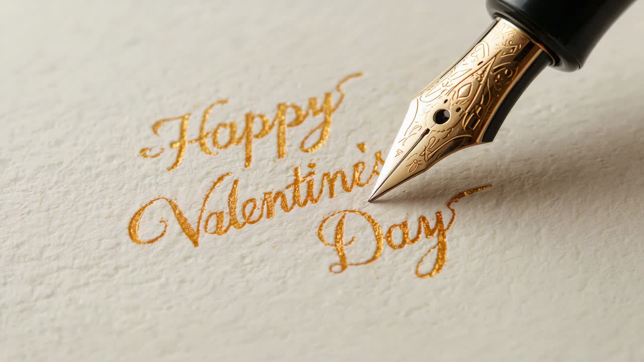 Contacting cream card, gold-tipped nib depositing gold ink and forming Valentine's greeting