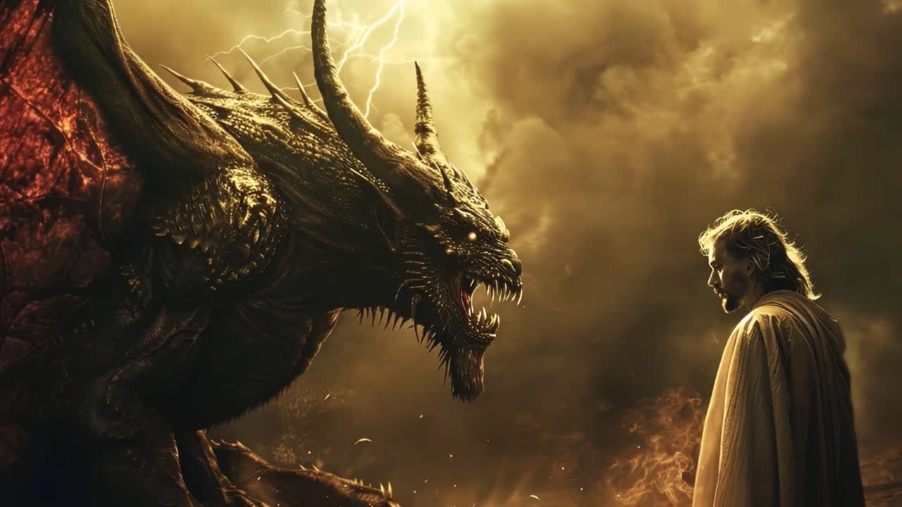 Epic Confrontation: Man Versus Dragon Amidst Stormy Skies