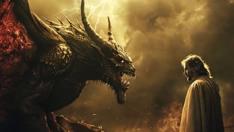 epic confrontation: man versus dragon amidst stormy skies