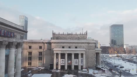 drone footage of palace of culture and science building wteatr studio