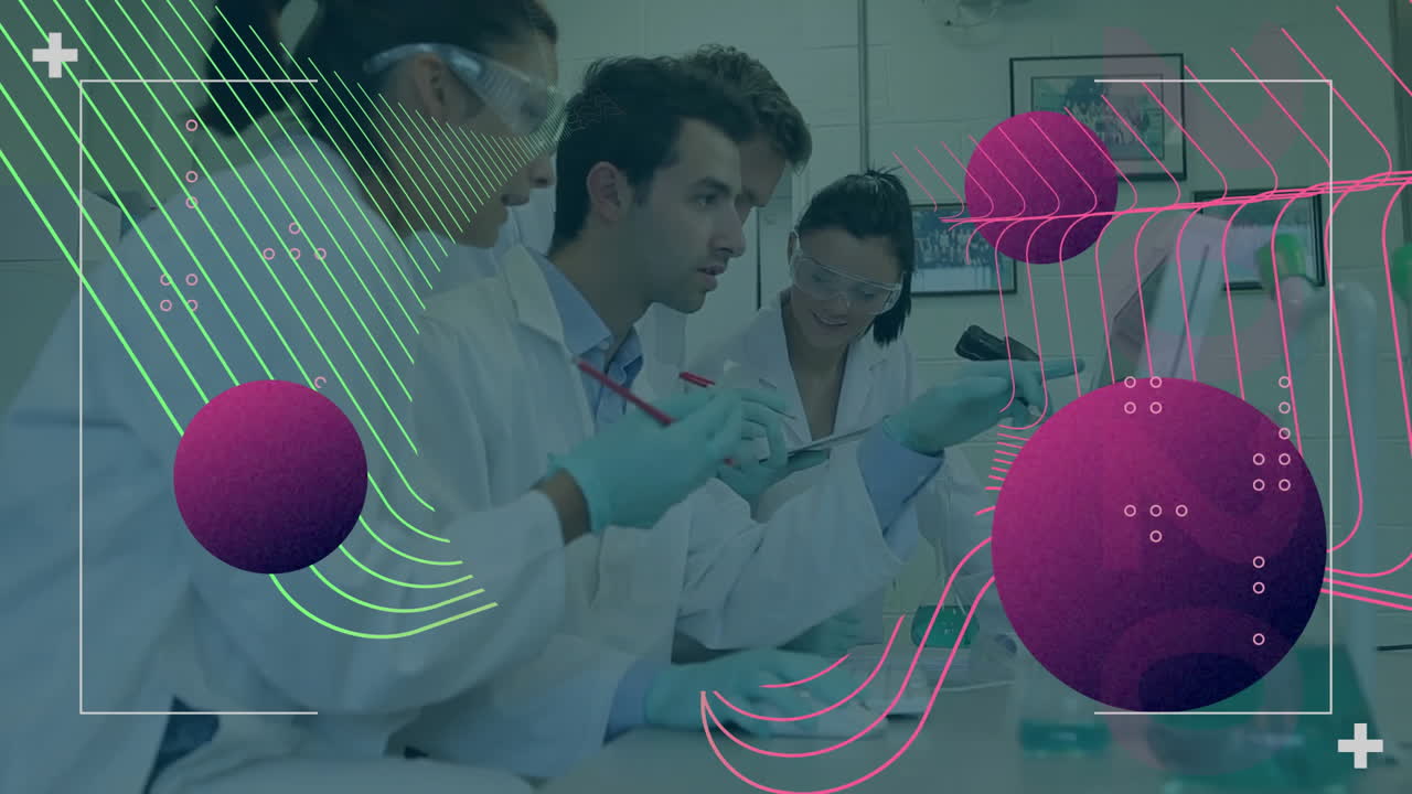 animación del procesamiento de datos científicos sobre diversos científicos en el laboratorio