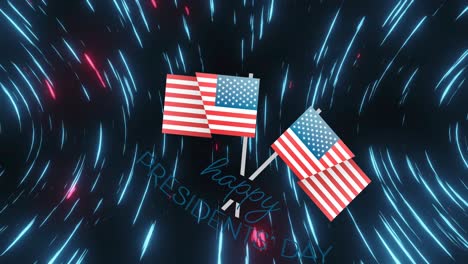 Animation-of-usa-flags-over-blue-and-pink-lights-moving-fast-on-black-background