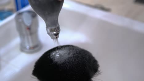 primer plano de un peluquero aplicando talco en polvo a un plumero, cepillo