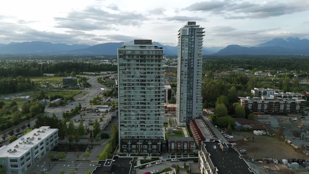 High Rise Residential Buildings At The Willoughby Area In Langley Township, British Columbia, Canada. Aerial Drone Shot