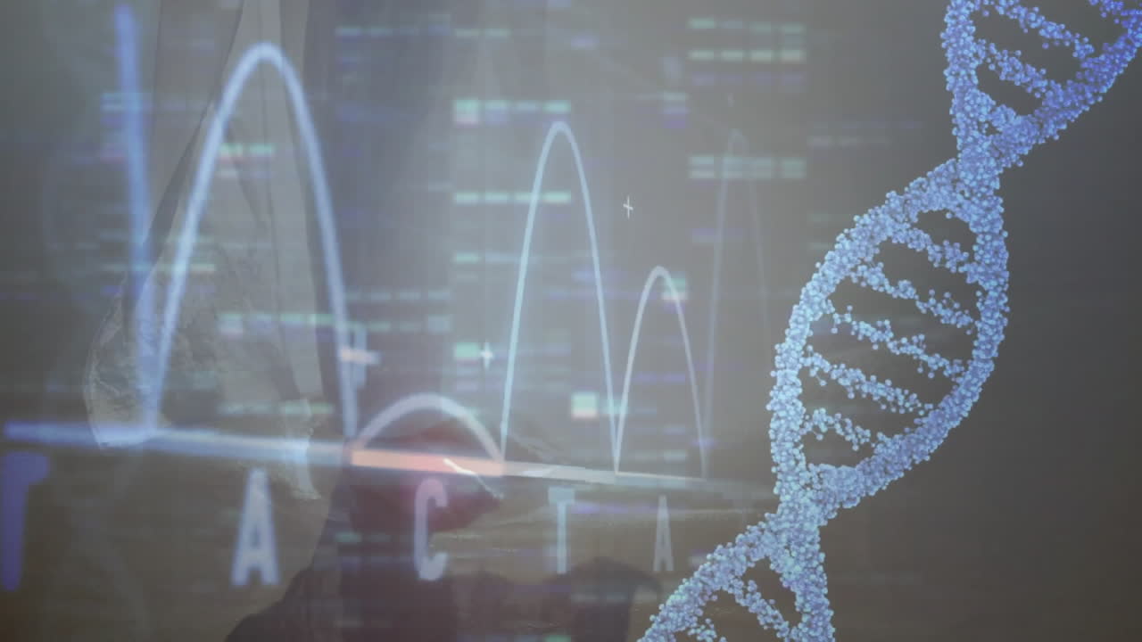 DNA strand with binary coding, processing scientific data, animation concept