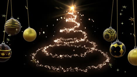 black and gold baubles swinging and shooting star making christmas tree shape on black background