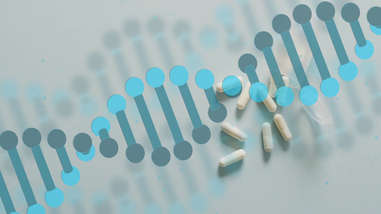 Animation of blue dna strand over pills on grey background