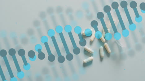 animation of blue dna strand over pills on grey background