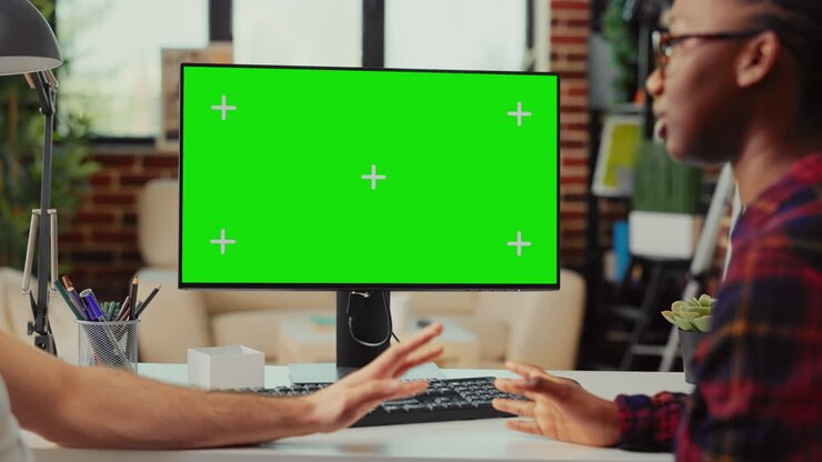 Multietnisk hold, der arbejder på computer med greenscreen derhjemme