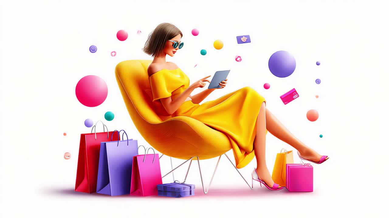 A modern shopping experience with a stylish woman in a vibrant yellow dress, relaxed on a chic chair, engaging with her tablet amidst a collections of colorful shopping bags and playful accessories