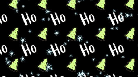 animation of multiple ho ho text and christmas tree on black background