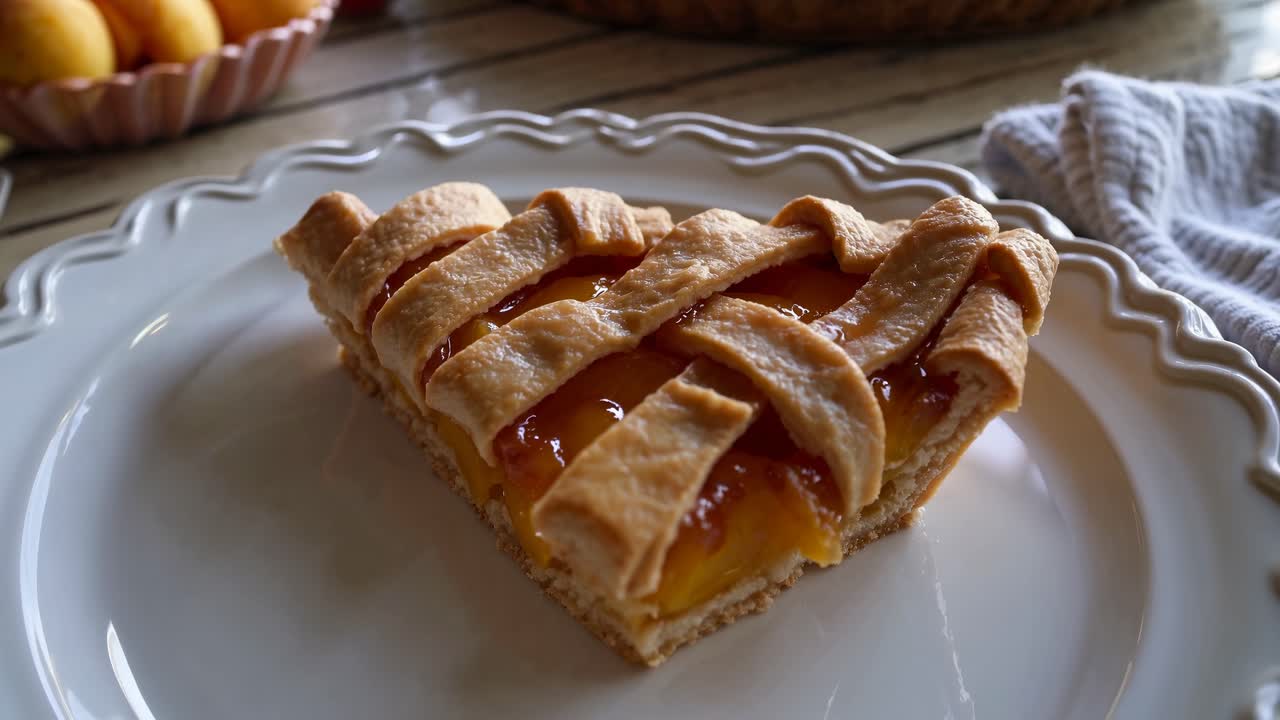 Primo piano, inquadratura angolata di una fetta di torta di pesche su un piatto decorativo, con una tavola rustica apparecchiata.