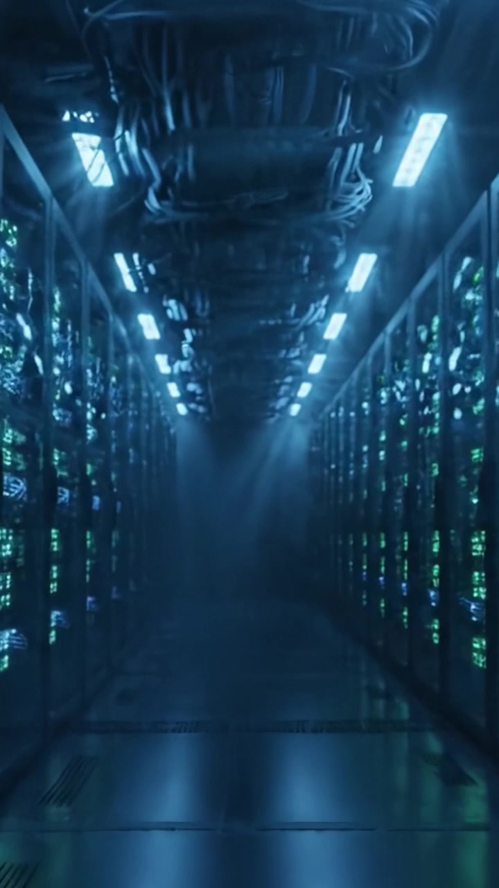 Udforskning af et futuristisk datacenter: Et dybt dyk ned i hjertet af digital infrastruktur med rækker af servere badet i blåt lys