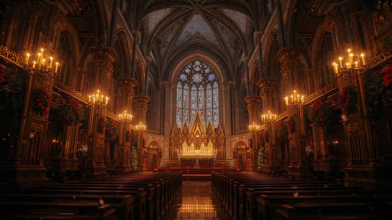 Flickering candle flames lighting gilded altar and central aisle at cathedral, for holiday service